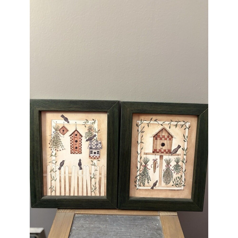2 Vintage Anna Scott Green Framed Birdhouse Pictures Folk Art Americana Country